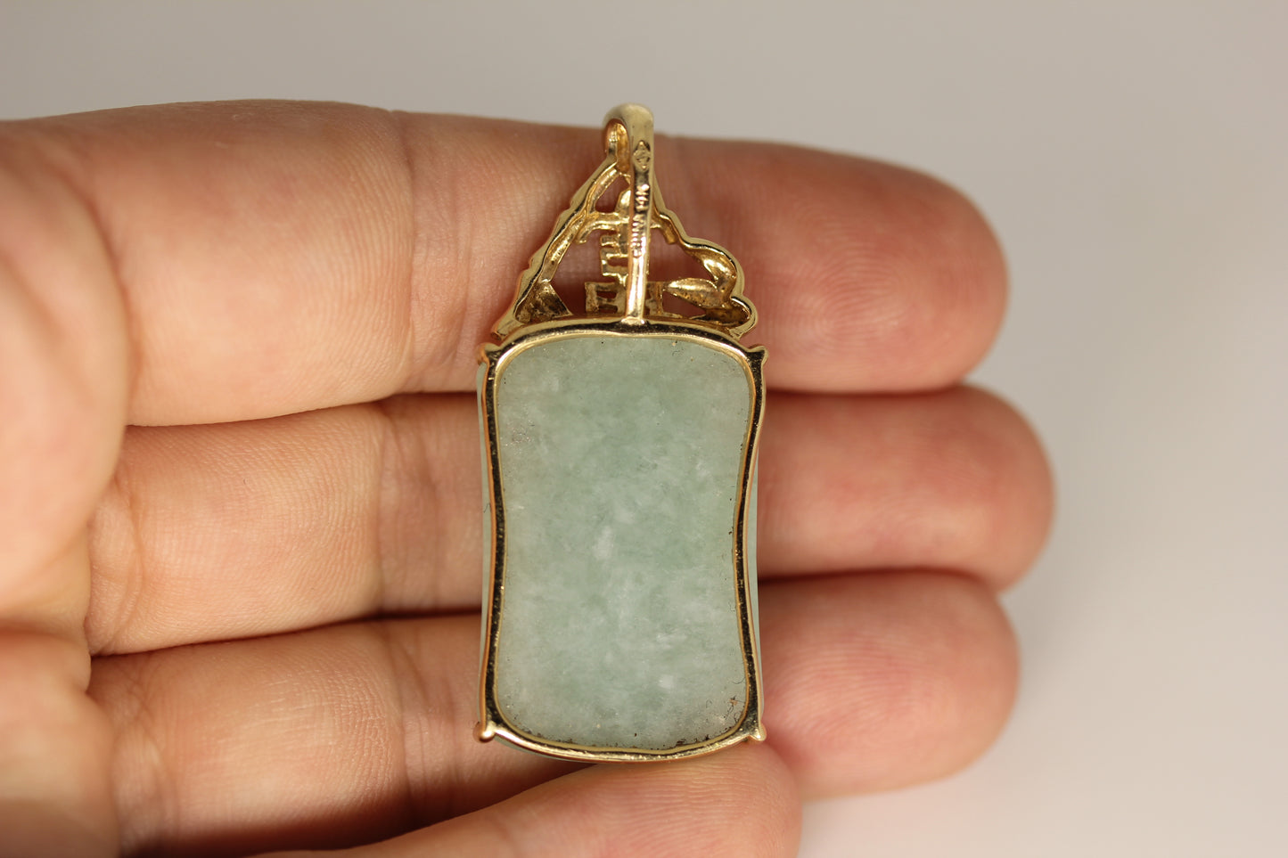 14k Yellow Gold Rectangle Green Jade Pendant - ~1.75 inch