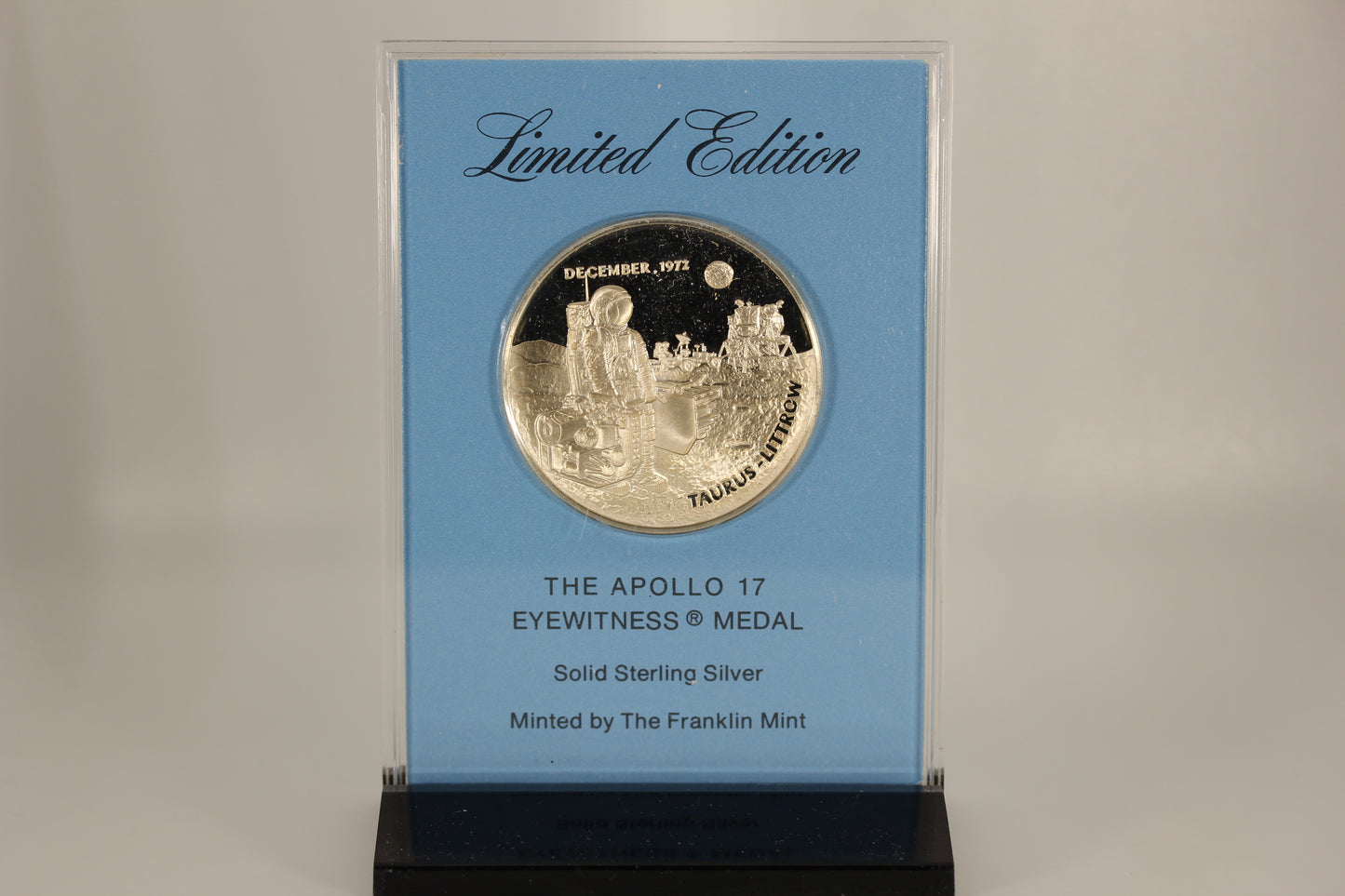 The Apollo 17 Eyewitness Medal Sterling Silver Proof - Franklin Mint w/ Stand, Box & COA