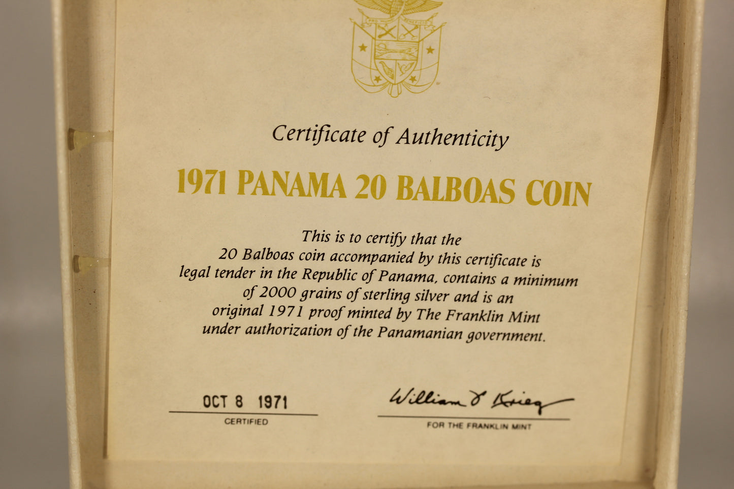 1971 Republic of Panama Twenty 20 Balboas Silver Proof Coin Original Package