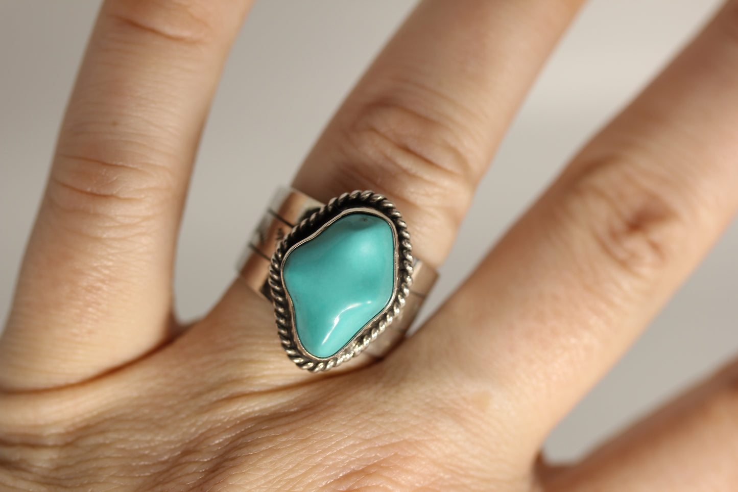 Southwestern Style BJ China Sterling Silver Bezel Set Turquoise Ring - Sz 8