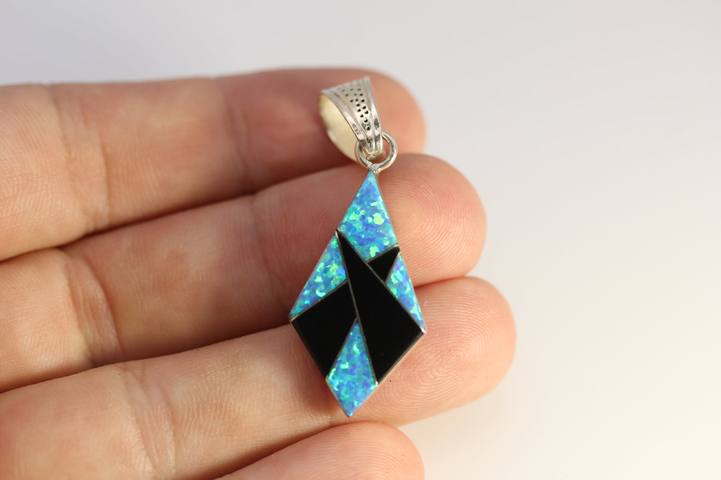 Vintage Nelson Garcia NG Kewa Sterling Turquoise Blue Opal  & Onyx Pendant - 1.75 inch