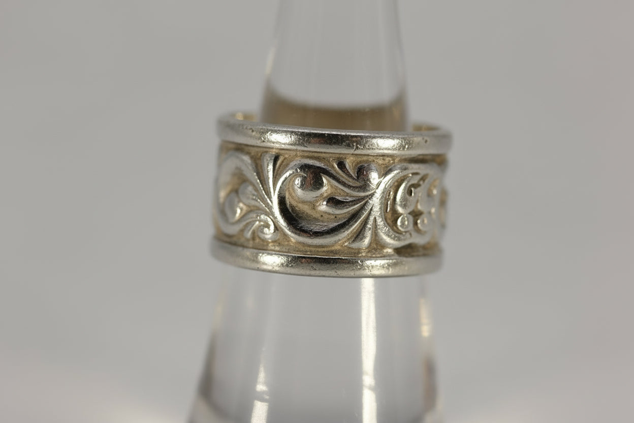 Vintage Sterling Silver 925 Ed Levin Wide Band Scroll Flower Ring Size 7.25
