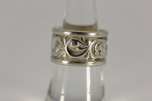 Vintage Sterling Silver 925 Ed Levin Wide Band Scroll Flower Ring Size 7.25