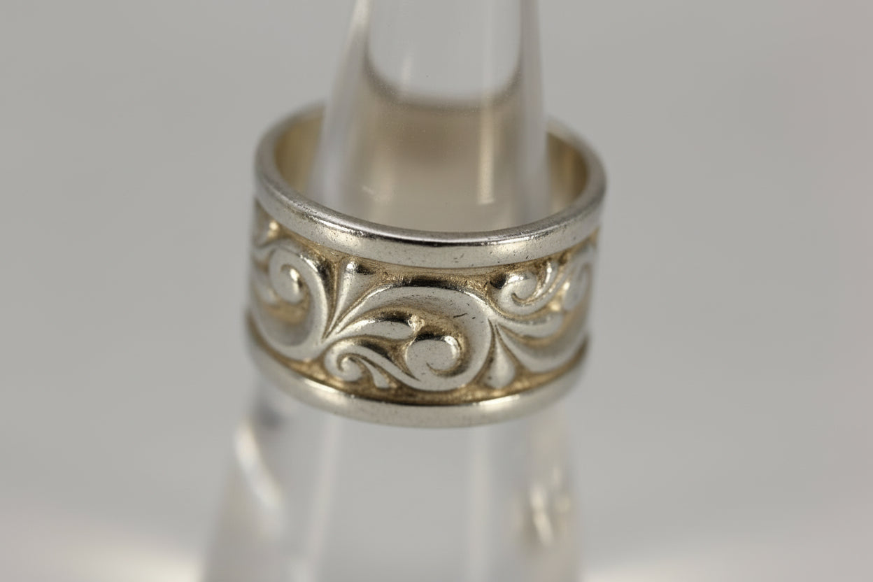Vintage Sterling Silver 925 Ed Levin Wide Band Scroll Flower Ring Size 7.25