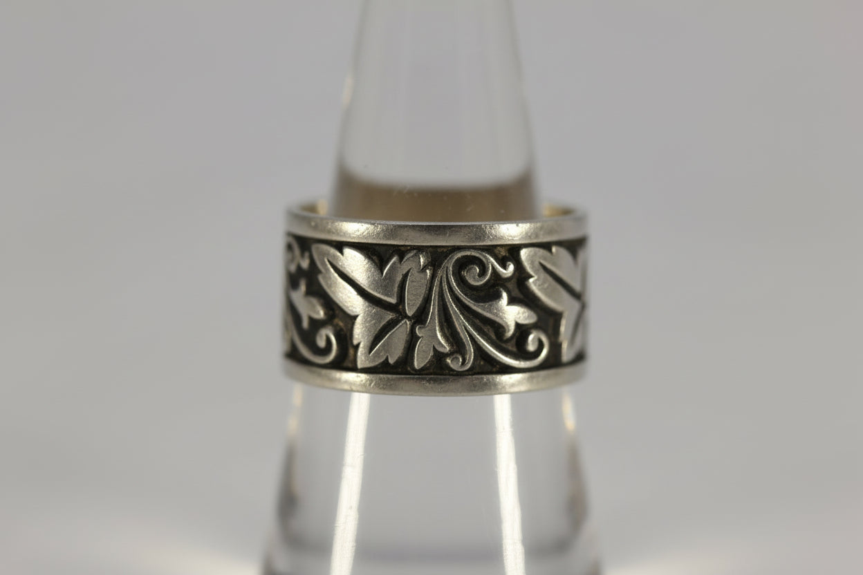 Vintage Sterling Silver 925 Ed Levin Oxidized Wide Band Scroll Leaf Ring Size 8.25