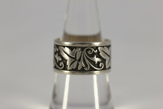 Vintage Sterling Silver 925 Ed Levin Oxidized Wide Band Scroll Leaf Ring Size 8.25