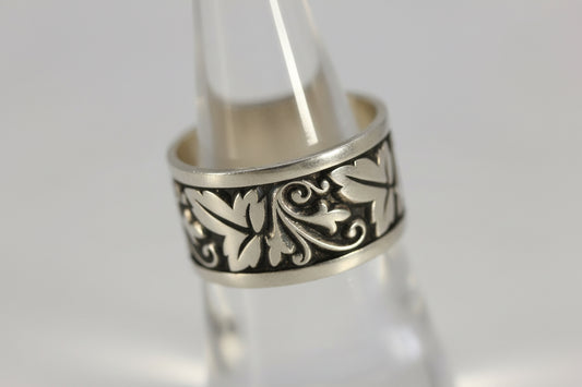 Vintage Sterling Silver 925 Ed Levin Oxidized Wide Band Scroll Leaf Ring Size 8.25