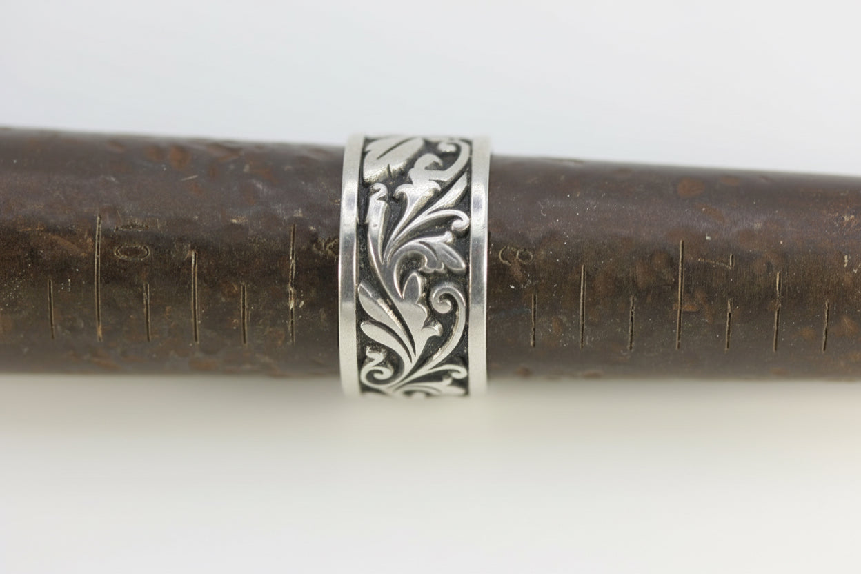 Vintage Sterling Silver 925 Ed Levin Oxidized Wide Band Scroll Leaf Ring Size 8.25