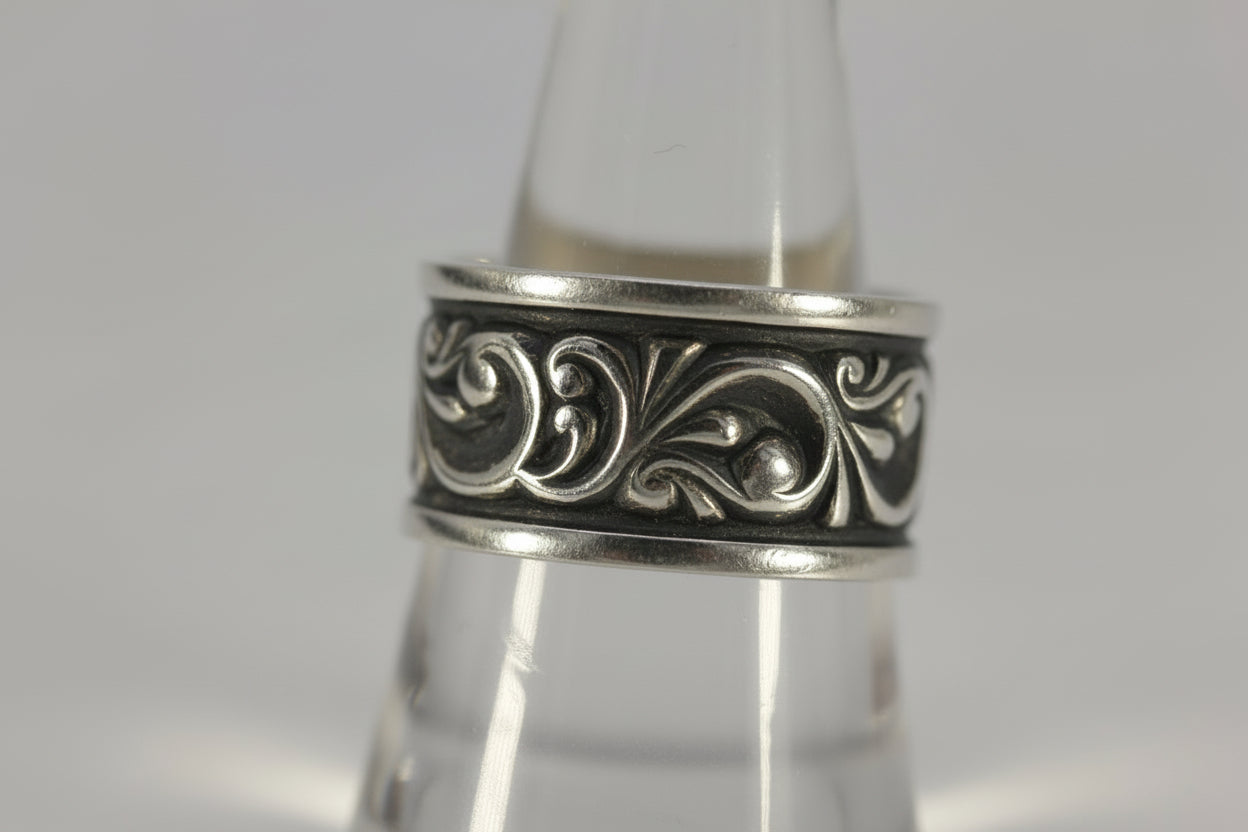 Vintage Sterling Silver 925 Ed Levin Oxidized Wide Band Scroll Ring Size 9.75-10