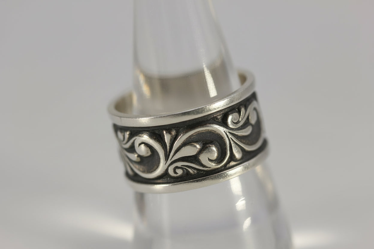 Vintage Sterling Silver 925 Ed Levin Oxidized Wide Band Scroll Ring Size 9.75-10