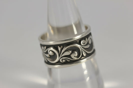 Vintage Sterling Silver 925 Ed Levin Oxidized Wide Band Scroll Ring Size 9.75-10