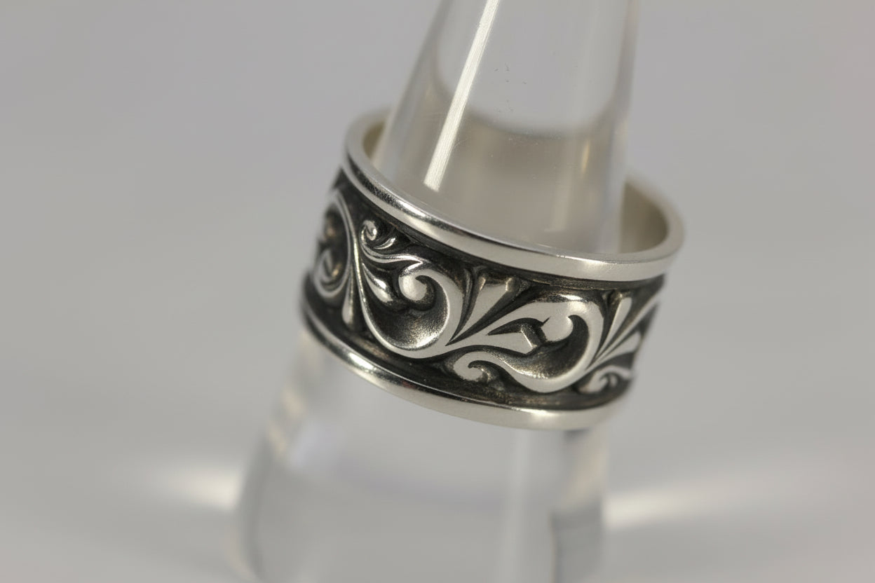 Vintage Sterling Silver 925 Ed Levin Oxidized Wide Band Scroll Ring Size 9.75-10
