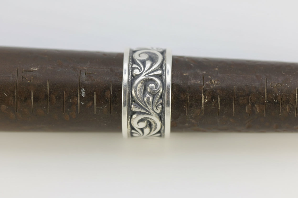 Vintage Sterling Silver 925 Ed Levin Oxidized Wide Band Scroll Ring Size 9.75-10
