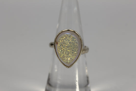Starborn Sterling Silver 925 Pear Shaped White Druzy Quartz Ring - Sz 6.5