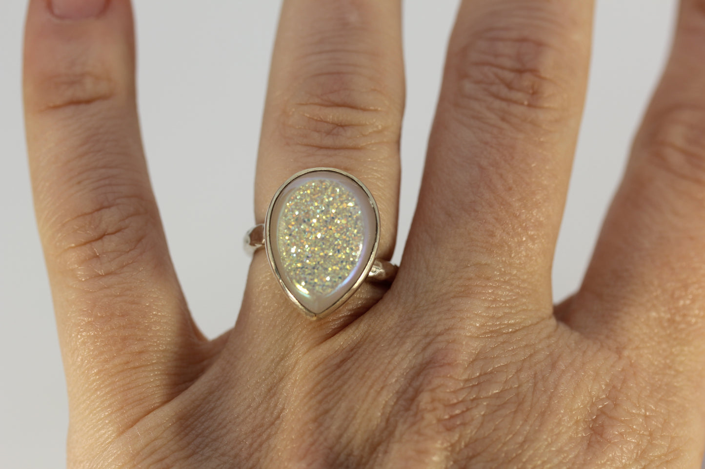 Starborn Sterling Silver 925 Pear Shaped White Druzy Quartz Ring - Sz 6.5