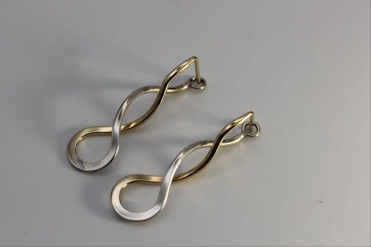 Vintage Ed Levin Sterling Silver 925 & 14k Yellow Gold Endless Braid Pierced Earrings 1.5 in