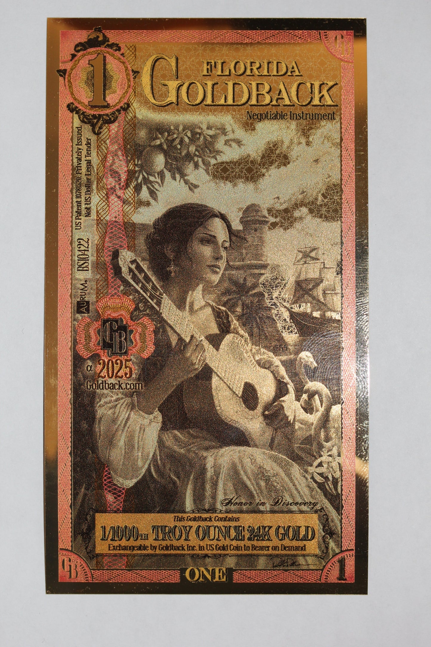Florida 1 Goldback 2025 Gold Foil Note 1/1000th Troy Oz 24KT Goldback