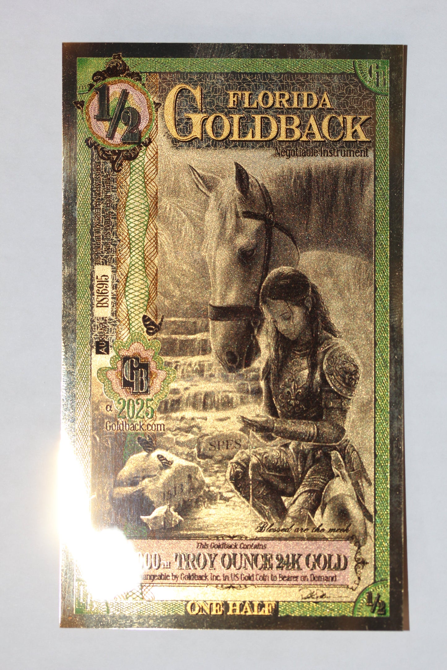 Florida 1/2 Goldback 2025 Gold Foil Note 1/2000th Troy Oz 24KT Goldback