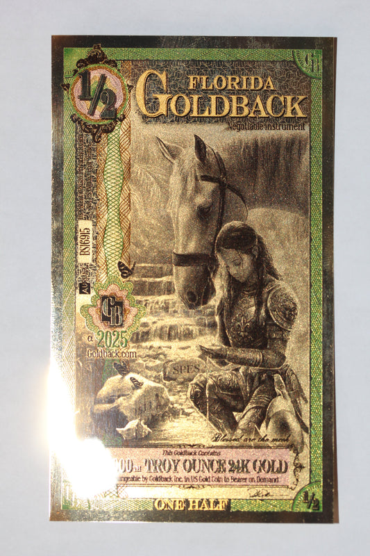 Florida 1/2 Goldback 2025 Gold Foil Note 1/2000th Troy Oz 24KT Goldback