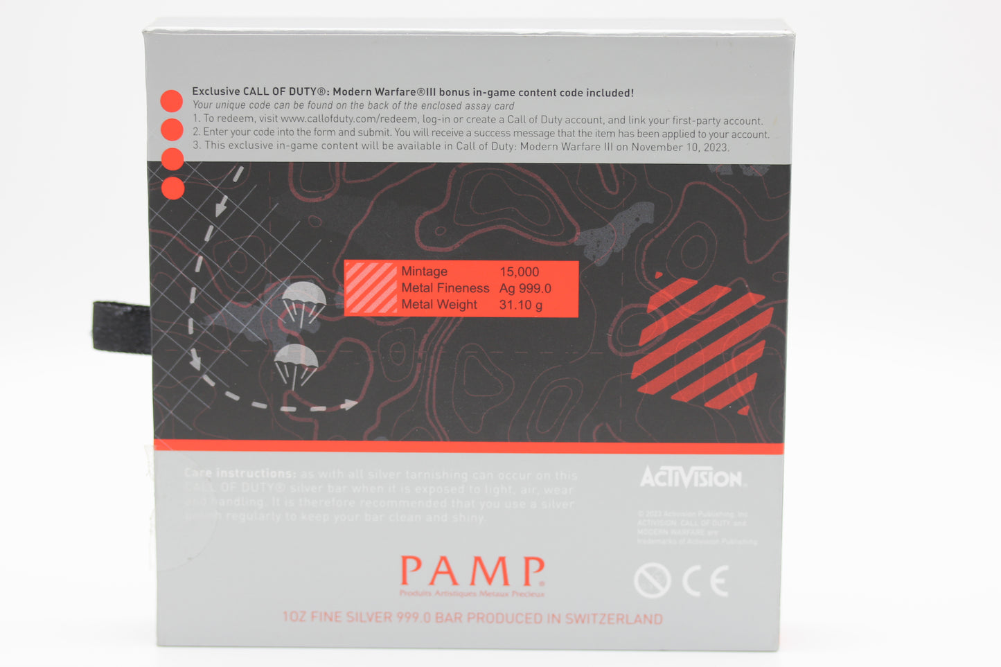 1 oz .999 Fine Silver PAMP Call of Duty®: Modern Warfare® III Bar w/ Pendant Frame & Box