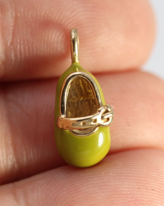 10k Yellow Gold Green Enamel Baby Shoe Pendant Charm