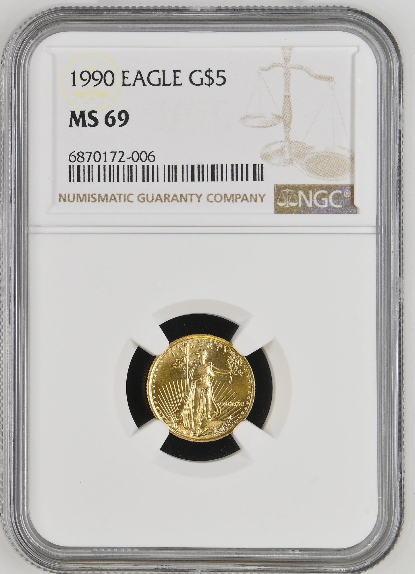 1990 1/10 oz Gold American Eagle 5$ Bullion Gold Coin - NGC MS 69
