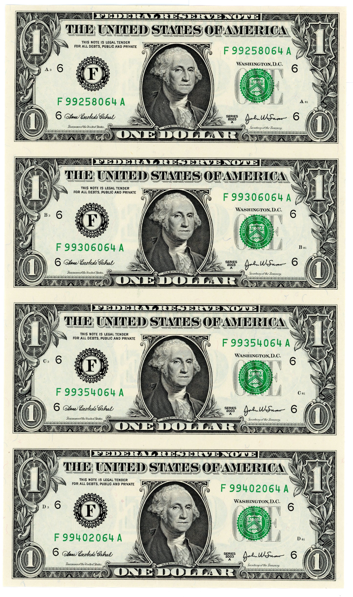 2003 Set of 4 Uncut $1 Notes Atlanta Exact Bills Shown F99258064A