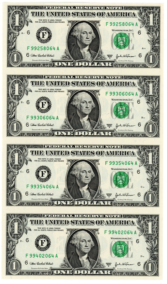 2003 Set of 4 Uncut $1 Notes Atlanta Exact Bills Shown F99258064A