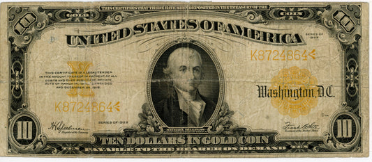 1922 $10 Dollar Bill Gold Certificate Speelman White F-1173 K8724864