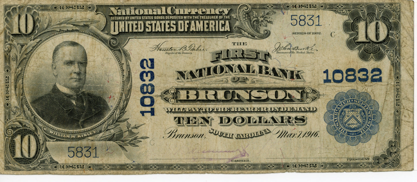 1902 $10 Dollar Bill National Currency Teehee Burke F-632 5831 10832