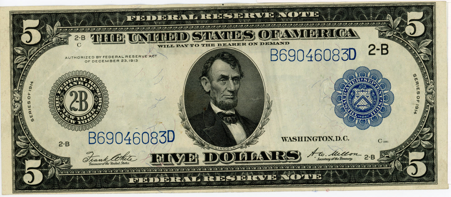 1914 $5 Dollar Bill Federal Reserve Note White Mellon F-851 B69046083D