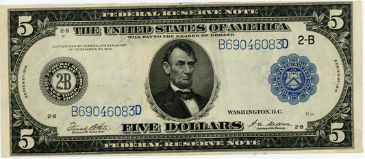 1914 $5 Dollar Bill Federal Reserve Note White Mellon F-851 B69046083D