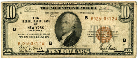1929 $10 Dollar Bill National Currency New York F-1860B B02590312A