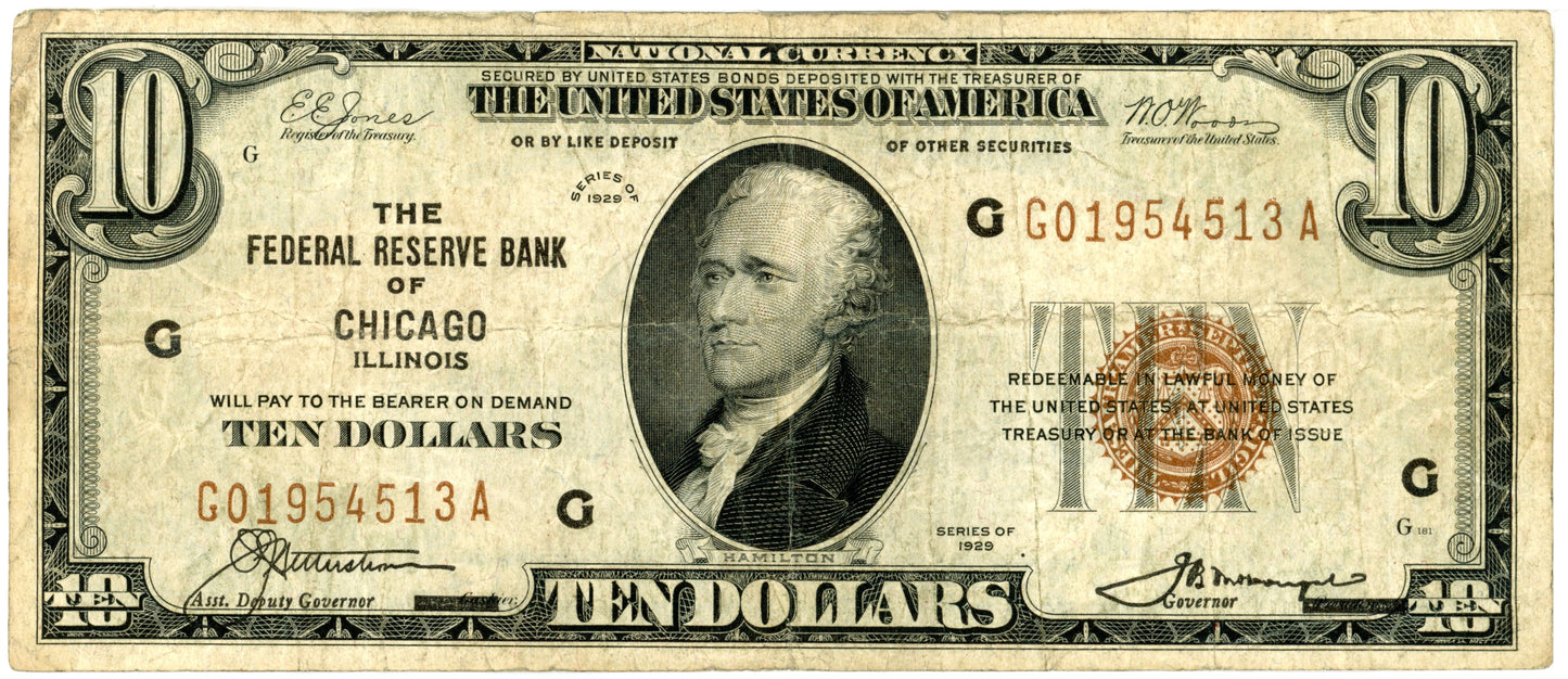 1929 $10 Dollar Bill National Currency Chicago F-1860G G01954513A