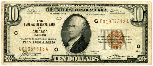 1929 $10 Dollar Bill National Currency Chicago F-1860G G01954513A