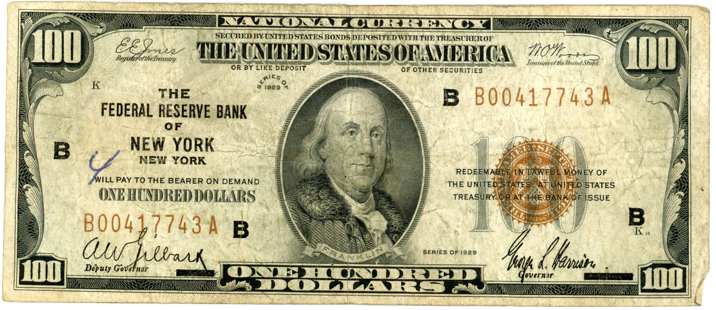 1929 $100 Dollar Bill Federal Reserve Note New York F-1890B B00417743A