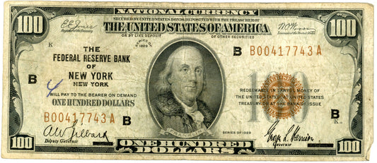 1929 $100 Dollar Bill Federal Reserve Note New York F-1890B B00417743A