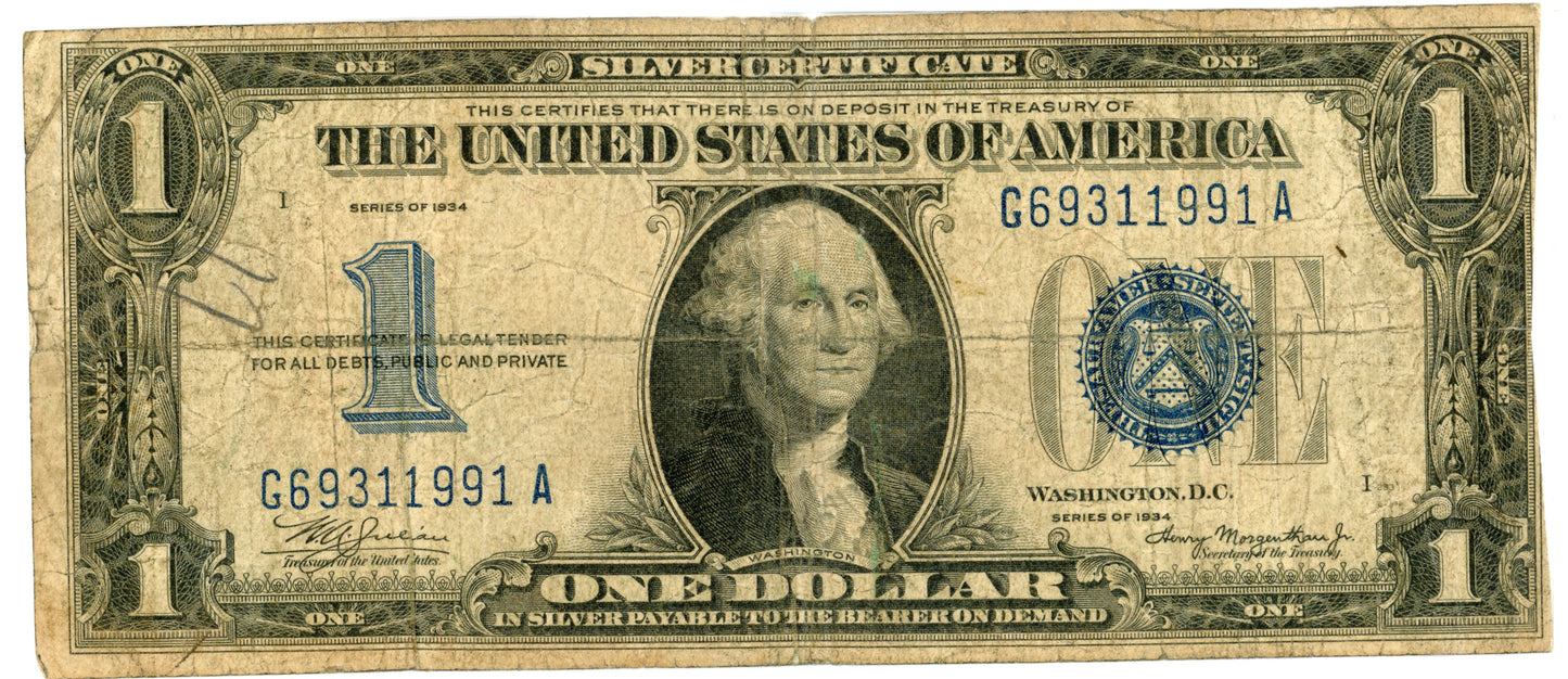 1934 $1 Dollar Bill Silver Certificate F-1606 G69311991A