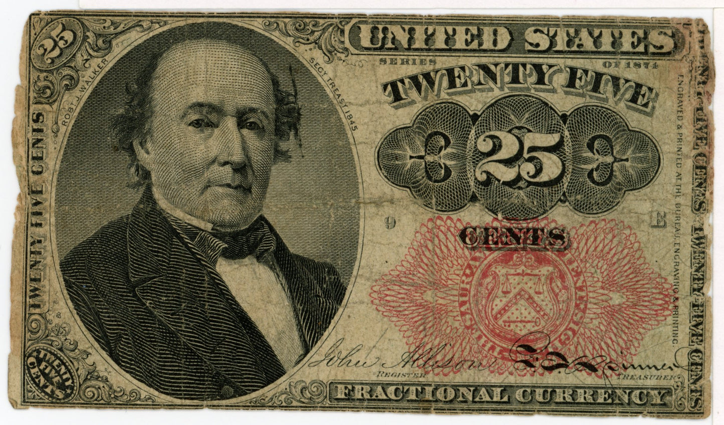1874 Fifth Issue Fractional 25 Cent Currency Note F-1308 Long Thin Key (9-E)