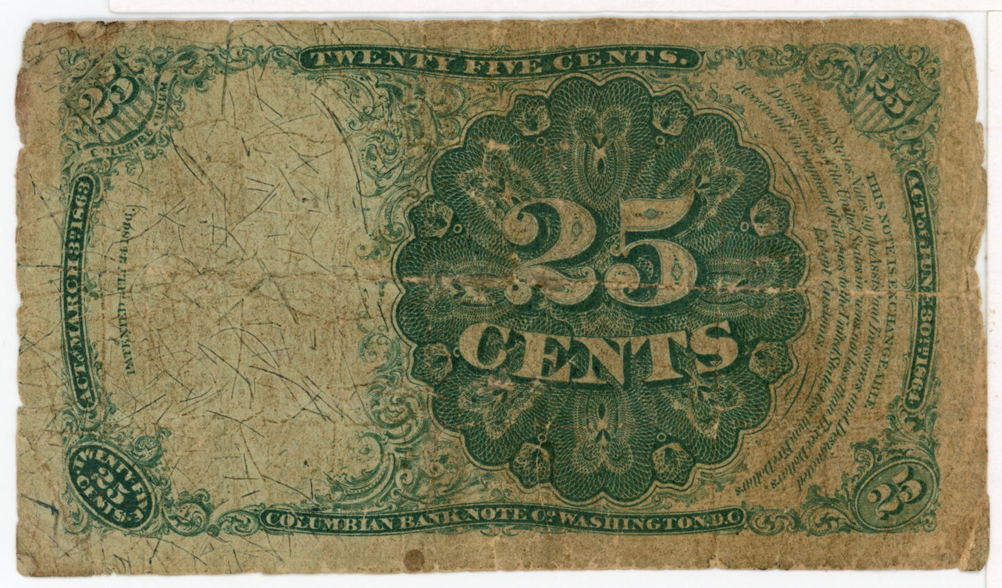 1874 Fifth Issue Fractional 25 Cent Currency Note F-1308 Long Thin Key (9-E)