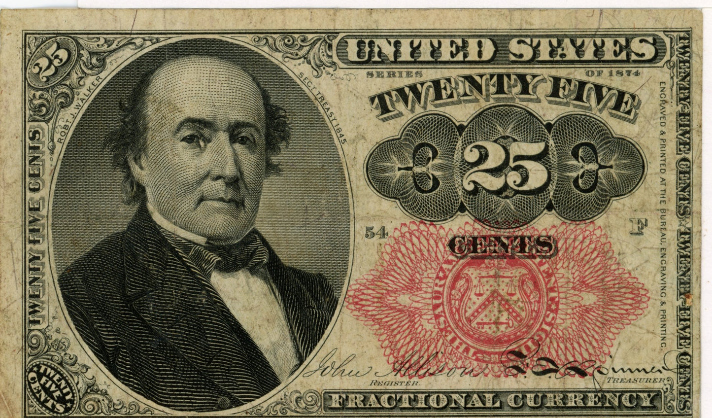1874 Fifth Issue Fractional 25 Cent Currency Note F-1308 Long Thin Key (54-F)
