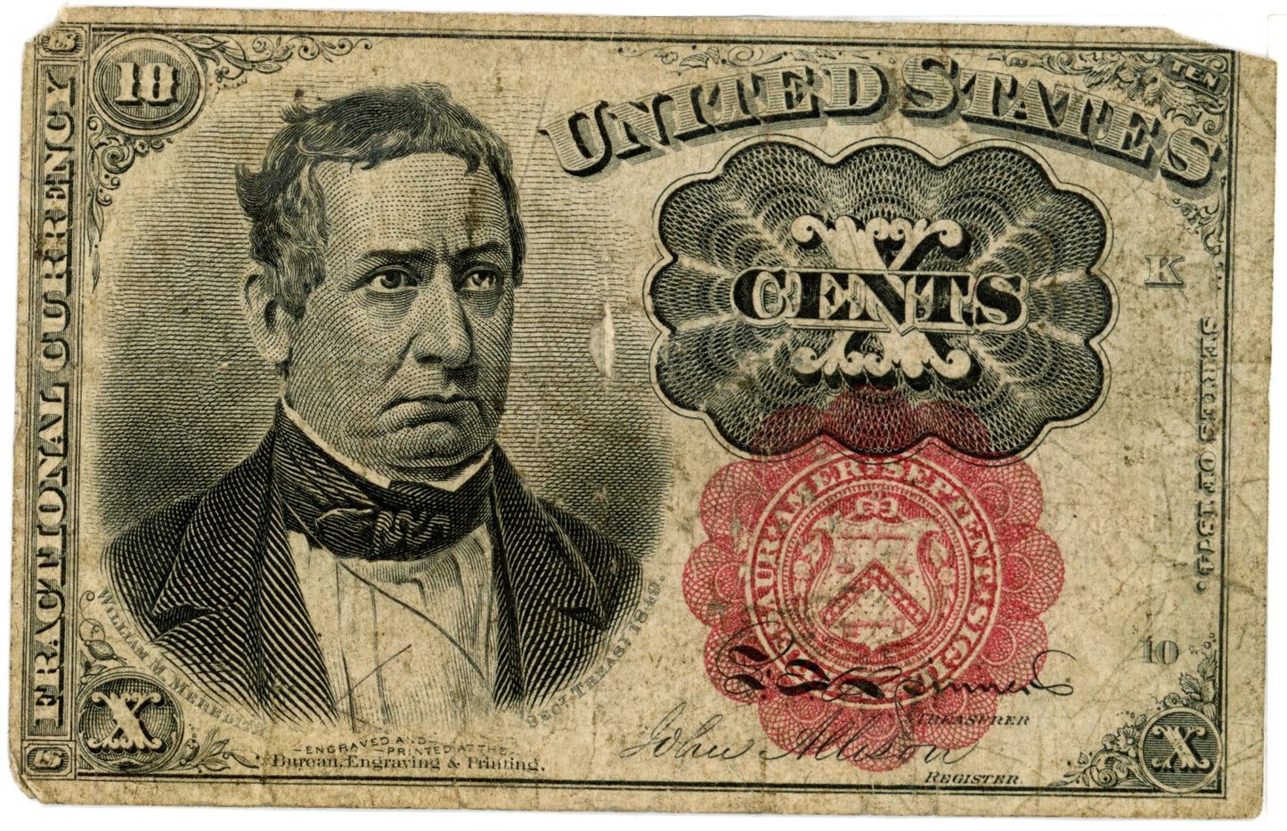1874 Fifth Issue Fractional 10 Cent Currency Note Red Seal (10-K)
