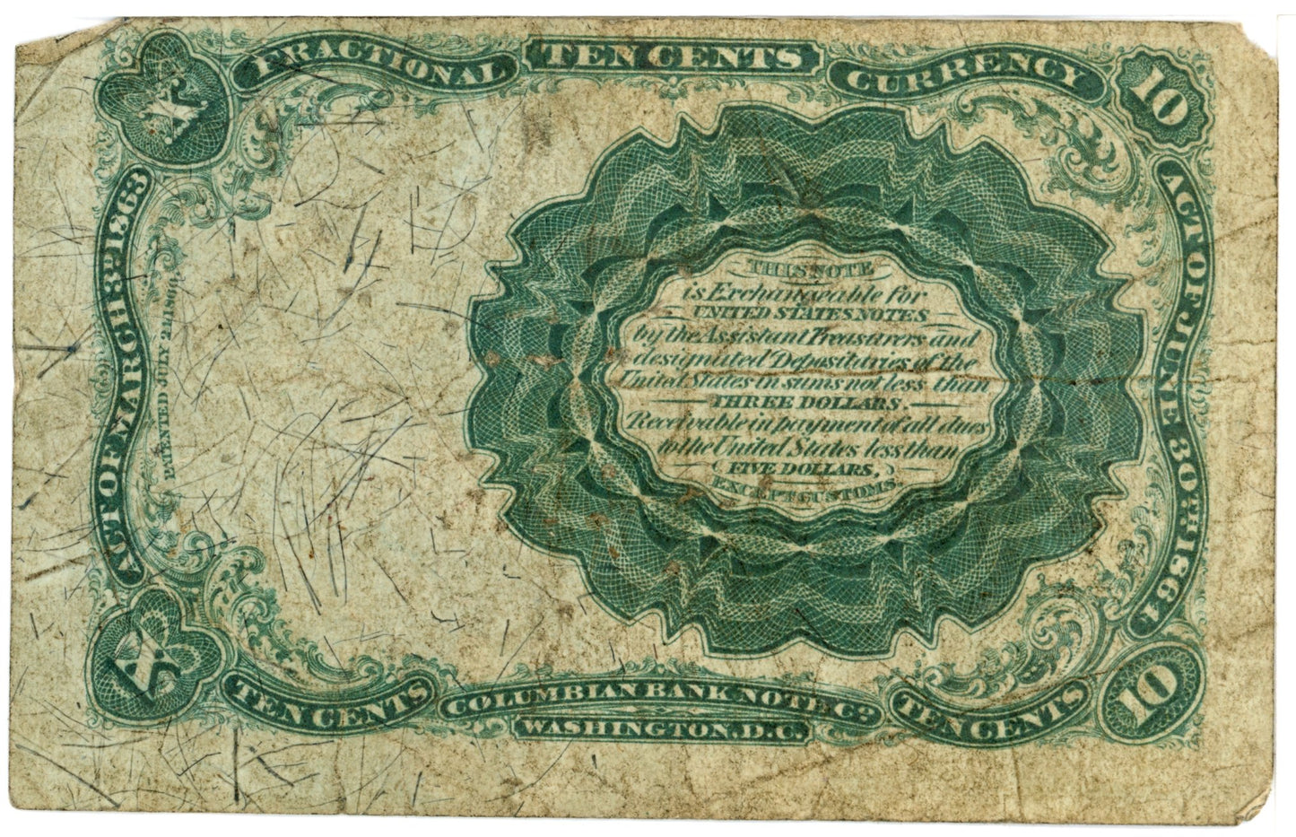 1874 Fifth Issue Fractional 10 Cent Currency Note Red Seal (10-K)