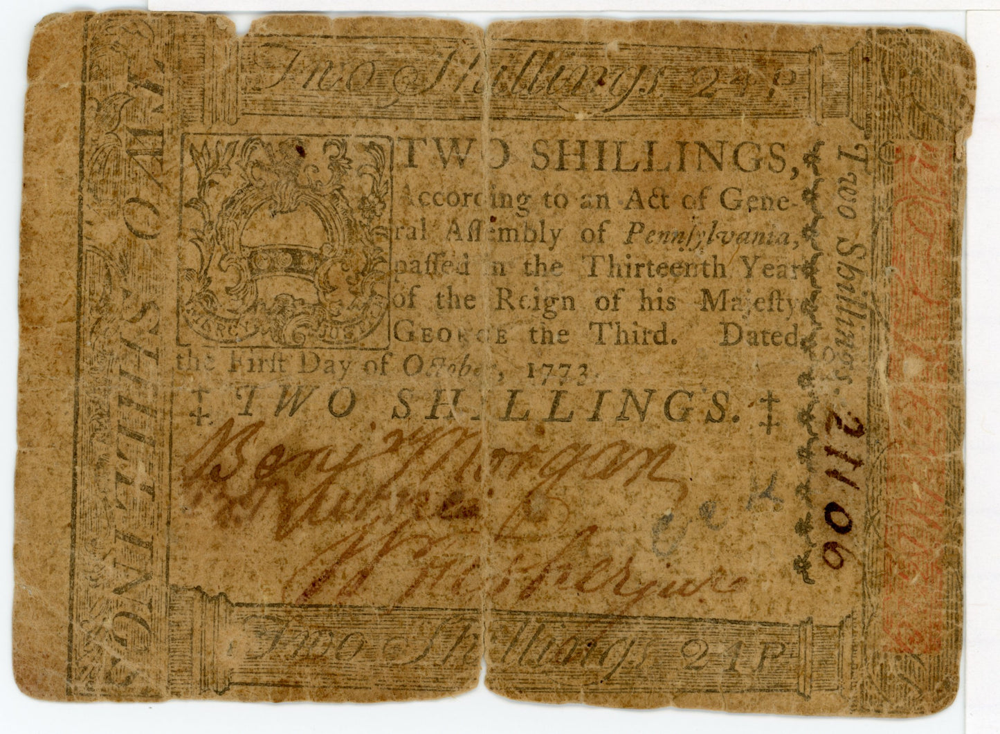 1773 2 Shillings, Pennsylvania October First Colonial Currency Note