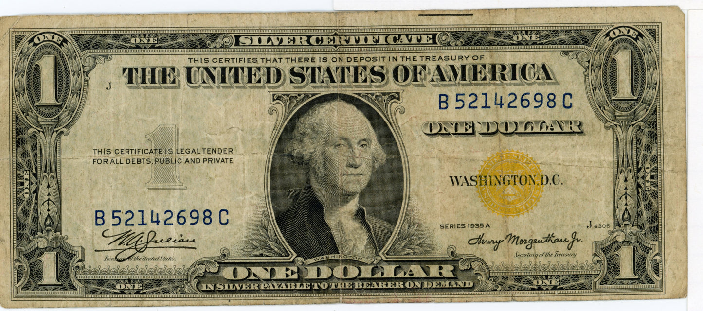 1935 A $1 Dollar Bill Silver Certificate F-2306 Yellow Seal for North Africa B52142698C
