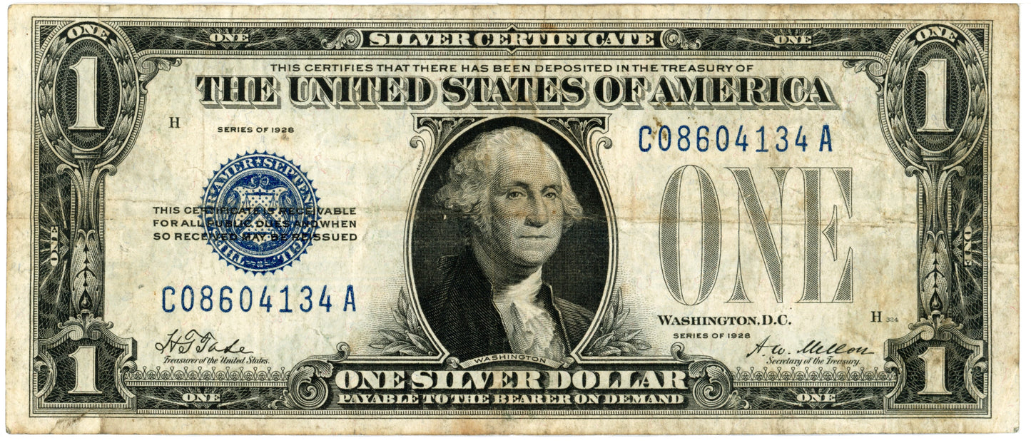 1928 $1 Dollar Bill Silver Certificate F-1600 Tate Mellon C08604134A