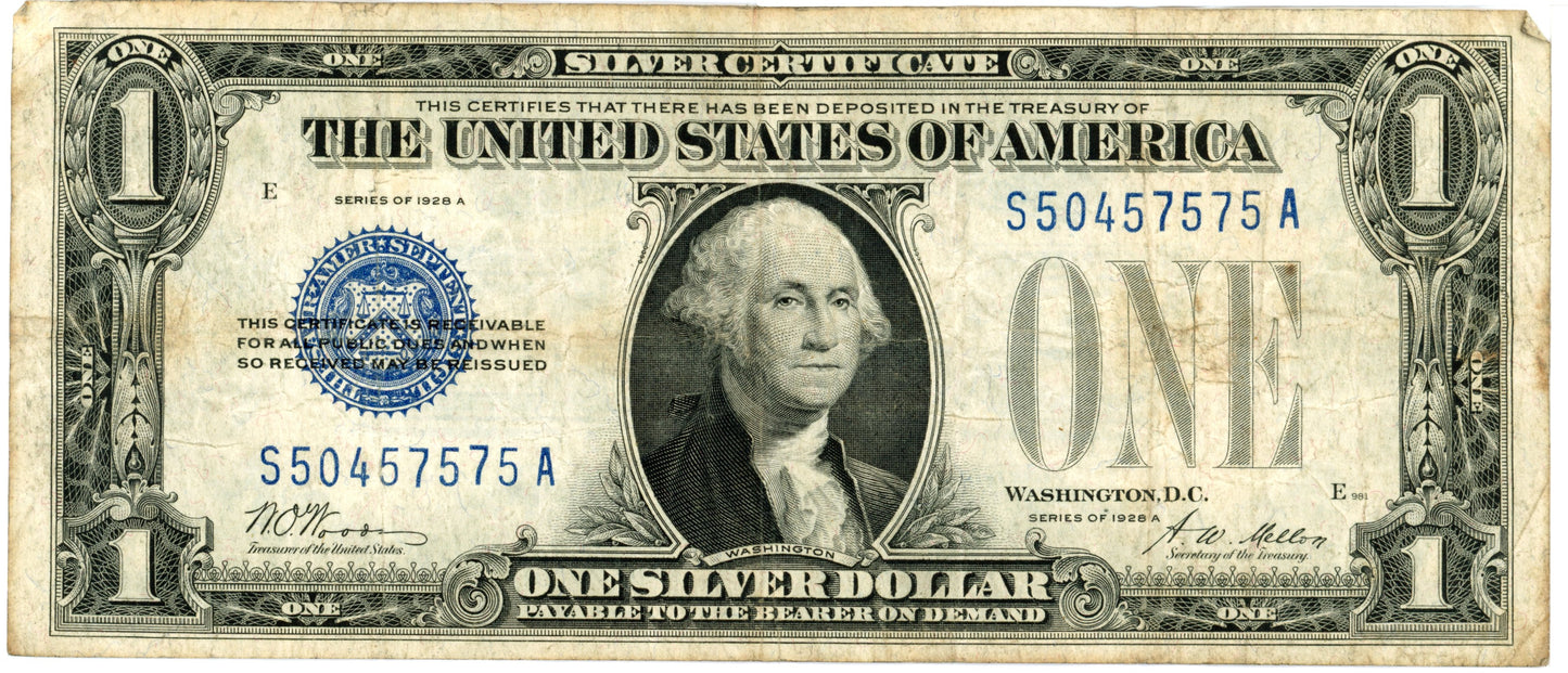 1928 A $1 Dollar Bill Silver Certificate F-1601 Tate Mellon S50457575A