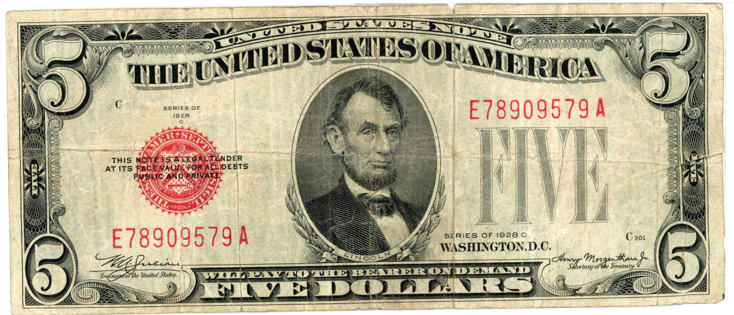 1928 C $5 Dollar Bill Legal Tender F-1528 Julian Morgenthau E78909579A