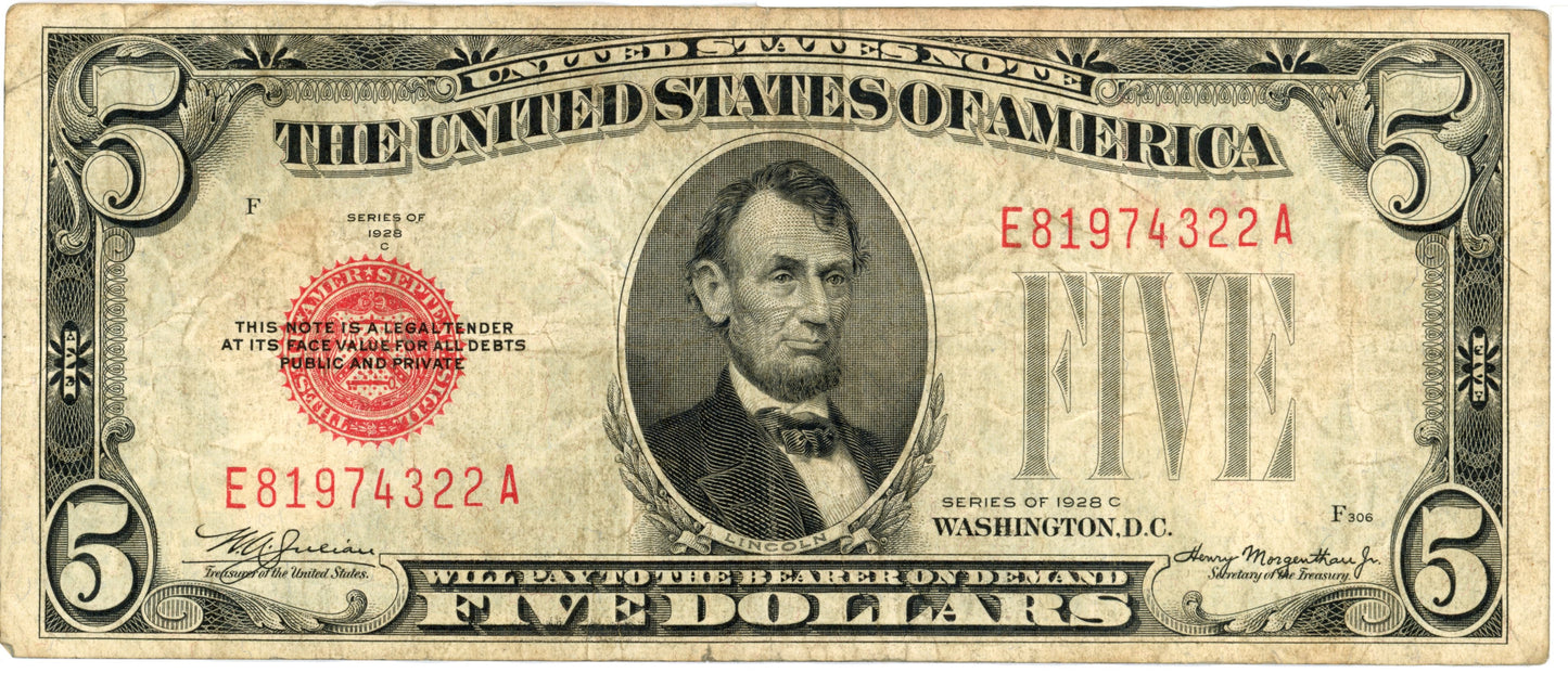 1928 C $5 Dollar Bill Legal Tender F-1528 Julian Morgenthau E81974322A