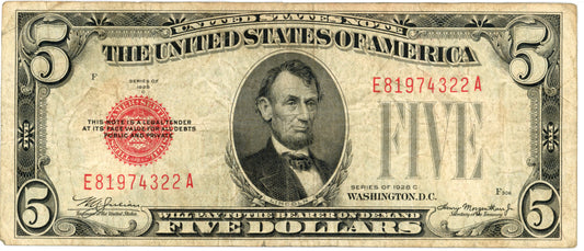 1928 C $5 Dollar Bill Legal Tender F-1528 Julian Morgenthau E81974322A